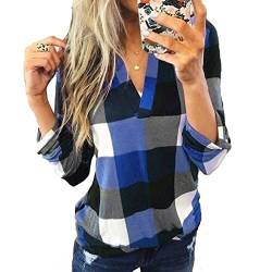 Damen Elegante Bluse Freizeit V-Ausschnitt Oberteile Kerbenhals Rolllaschenhülse Hemd T-Shirt (Blau, XL/EU 44-46) von Shmily Girl