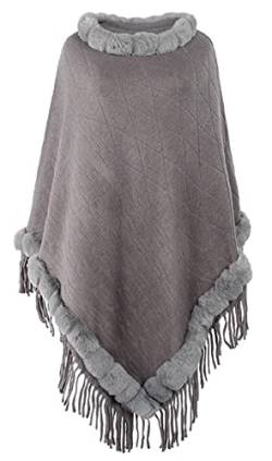 Damen Poncho Winter Strickpullover Cape mit Fransen und Kunstfellkragen Wickelschal Schal(Stil B-GRAU) von Shmily Girl