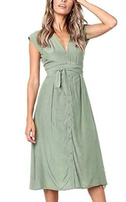 Damen Sommerkleid V-Ausschnitt Gestreift Kleid Ärmellos Midikleid Casual Swing Strandkleid mit Knöpfen(Grün,M) von Shmily Girl