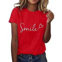 Shobdw Tshirt Damen T Shirt Damen Rundhalsausschnitt Casual Shirt T-Shirt Sommer Kurzarm Top Bluse Sport Oberteil Oberteile Shirts Elegant Für Tshirts Baumwolle Basic Blusen T-Shirts Rot XXL von Shobdw