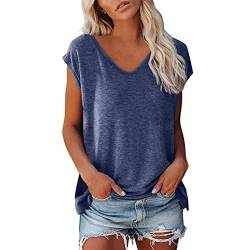 T Shirt Damen V Ausschnitt Damen Shirt Tshirt T T-Shirt Sommer Kurzarm Top Bluse Sport Oberteil Oberteile Shirts Elegant Oversize Für Tshirts Mit Locker Baumwolle Basic Blusen T-Shirts Blau XL von Shobdw