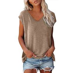 T Shirt Damen V Ausschnitt Damen Shirt Tshirt T T-Shirt Sommer Kurzarm Top Bluse Sport Oberteil Oberteile Shirts Elegant Oversize Für Tshirts Mit Locker Baumwolle Basic Blusen T-Shirts Khaki L von Shobdw