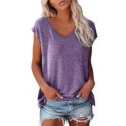 T Shirt Damen V Ausschnitt Damen Shirt Tshirt T T-Shirt Sommer Kurzarm Top Bluse Sport Oberteil Oberteile Shirts Elegant Oversize Für Tshirts Mit Locker Baumwolle Basic Blusen T-Shirts Lila XXL von Shobdw