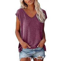 T Shirt Damen V Ausschnitt Damen Shirt Tshirt T T-Shirt Sommer Kurzarm Top Bluse Sport Oberteil Oberteile Shirts Elegant Oversize Für Tshirts Mit Locker Baumwolle Basic Blusen T-Shirts Rot L von Shobdw