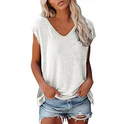 T Shirt Damen V Ausschnitt Damen Shirt Tshirt T T-Shirt Sommer Kurzarm Top Bluse Sport Oberteil Oberteile Shirts Elegant Oversize Für Tshirts Mit Locker Baumwolle Basic Blusen T-Shirts Weiß M von Shobdw