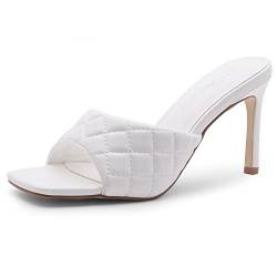 Shoe Land MELROSE Damen Quadratische offene Zehenpartie High Heel Sandalen Gesteppte Einzelband Slip on Pantoletten, Weiß, 42 EU von Shoe Land