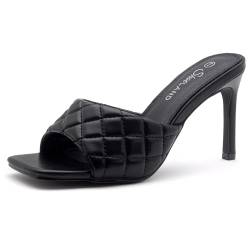 Shoe Land MELROSE Damen Quadratische offene Zehenpartie High Heel Sandalen Gesteppte Einzelband Slip on Pantoletten, schwarz, 40 EU von Shoe Land