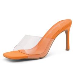 Shoe Land Melrose Damen-Sandalen mit hohem Absatz, quadratisch, offener Zehenbereich, gesteppt, einzelner Riemen, Pantoletten mit Absatz, Transparentes Orange, 42 EU von Shoe Land