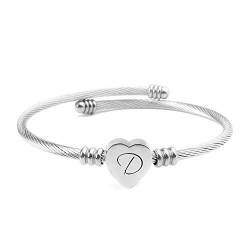 ShopINess Edelstahl Armband Kabel Anfängliches Herz Buchstaben Graviert für Frauen und Mädchen Farbe Silber (D) von ShopINess