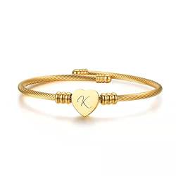 ShopINess Edelstahl Armband Kabel Anfängliches Herz Buchstaben Graviert für Frauen und Mädchen Gold Farben (K) von ShopINess