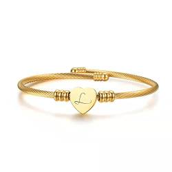 ShopINess Edelstahl Armband Kabel Anfängliches Herz Buchstaben Graviert für Frauen und Mädchen Gold Farben (L) von ShopINess