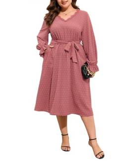 ShopWonder Plus Size Damen V-Ausschnitt Langarm Swiss Dot Boho Kleid Empire-Taille Rüschen Flowy A-Linie Midi Kleid, Pink, X-Groß von ShopWonder