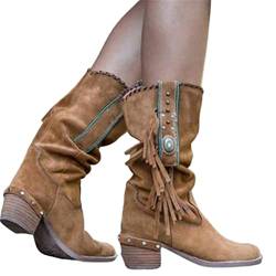 JFISQ Runder Zeh Western-Cowboystiefel Damen Niedriger Blockabsatz Booties Schuhe Retro Lässig Mode Kurze Stiefeletten Mit Fransen Atmungsaktiv Rutschfest Arbeitsschuhe,Braun,39 von Shot Case