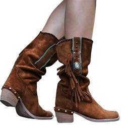 JFISQ Runder Zeh Western-Cowboystiefel Damen Niedriger Blockabsatz Booties Schuhe Retro Lässig Mode Kurze Stiefeletten Mit Fransen Atmungsaktiv Rutschfest Arbeitsschuhe,Kaffee,38 von Shot Case