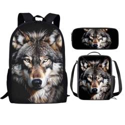 Showudesigns 3-teiliges Schulranzen-Set für Kinder, Rucksack und Lunchbox, langer Riemen, Federmäppchen, Mädchen und Jungen, Ein Wolf, Einheitsgröße von Showudesigns