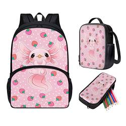 Showudesigns Büchertaschen mit Lunchbox für Mädchen, Elementar-Rucksack, Kinder-Federmäppchen, Erdbeer-Axolotl, Einheitsgröße von Showudesigns