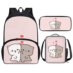 Showudesigns Büchertaschen mit Lunchbox für Mädchen, Elementar-Rucksack, Kinder-Federmäppchen, Katze, niedlich, Einheitsgröße von Showudesigns