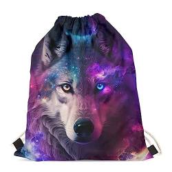 Showudesigns Lustiger Tier-Design Rucksack mit Kordelzug für Erwachsene und Kinder auf Reisen, Cooler Galaxy Wolf, Einheitsgröße, Tier von Showudesigns