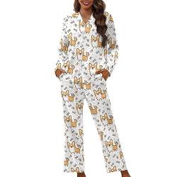 Showudesigns Pyjama-Sets für Damen, weiche Nachtwäsche, Knopfleiste, langärmelig, Lustiger Corgi, 3XL von Showudesigns