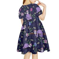 Showudesigns Süßes Kleid für Mädchen 4-14 Jahre Einschulter Kleider Kurze Ärmel, Faultier Blume, 8 Jahre von Showudesigns