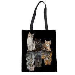 Showudesigns Wiederverwendbare Katzen-Einkaufstaschen für Frauen Mädchen Kinder Einkaufstaschen Canvas Schultertasche mit Griff Shopper Lebensmitteltasche Handtaschen Kätzchen reflektierter Tiger von Showudesigns