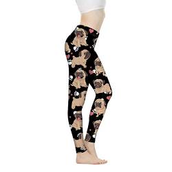 Showudesigns Yogahose mit hoher Taille, Bauchkontrolle für Frauen, modische Workout-Leggings, Activewear Gr. L, Mops Hund schwarz von Showudesigns
