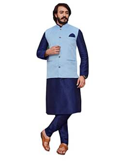 Blaue indische Herren tragen Bollywood Stil Hochzeit Party Wear Fancy Silk Straight Silk Kurta Pyjama Cotton Cotti Jacket Set 1345, blau, XXX-Large von Shri Balaji Silk & Cotton Saree Emporium