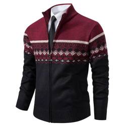 Shuanghao Herren Herbst-Winter Strick-Pulli Sweatshirt-Jacke Cardigan - Freizeit-Mode Klassische Fleece-Futter Warme Bequeme Outdoor Männer Hoher Kragen-Strickmuster-Jacke Pulliover Mantel Rot M von Shuanghao