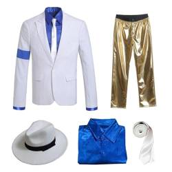 Shuanghao Michael Jacks** Billie Jean Outfit Kostüme für Erwachsene/Kinder Jungen Mädchen Weihnachten Halloween Cosplay Streifen Glatte Verbrecher Michael J Anzug Jacke+Pants+Shirt+Hut+Tie (Gold,180 von Shuanghao