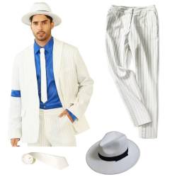 Shuanghao Michael Jacks**Billie Jean Outfit Kostüme für Erwachsene/Kinder Jungen Mädchen Weihnachten Halloween Cosplay Streifen Glatte Verbrecher Michael J Anzug Jacke+Pants+Shirt+Hut+Tie (Weißes 130 von Shuanghao