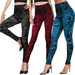 Shujin 3 Stück Set Damen Jeansoptik Leggings Hohe Taillen Leggings Treggings Jeggings Skinny Hose Stretch Tights Streetwear Freizeithose(3er/Set B,XL) von Shujin