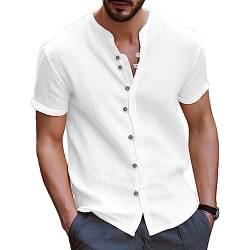 Shujin Baumwolle Leinenhemd Herren Kurzarm Leichtes Sommerhemd Regular Fit Freizeithemd Casual Henley Shirt mit Stehkragen Knöpfen Kurzarmhemd Strandhemd Freizeit Shirts (Weiß,M) von Shujin