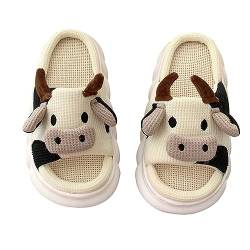 Shujin Cute Cow Slippers,Unisex Kawaii Cartoon Slippers Kuh Hausschuhe Süße Tier Linen Hausschuhe Rutschfeste Weiche Dicke Sohlen Pantoletten Niedliche Kuschelige Wolke Slides(Kuh,44/45 EU) von Shujin