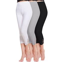 Shujin Damen 3/4 Länge Leggings mit Spitzenbesatz 3er Pack Modal Capri Leggings Basic Sommer Dünne Hosen Weich Elastisch Casual kurz Freizeithose (Grau+Schwarz+Weiß,Einheitsgröße) von Shujin