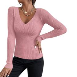 Shujin Damen Basic Strickpullover mit V-Ausschnitt Gerippt Slim Fit Dünn Pulli Sexy Langarmshirt Strickpulli Lässige Sweater Pullover für Herbst Winter(Rosa,One Size) von Shujin