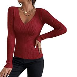 Shujin Damen Basic Strickpullover mit V-Ausschnitt Gerippt Slim Fit Dünn Pulli Sexy Langarmshirt Strickpulli Lässige Sweater Pullover für Herbst Winter(Weinrot,One Size) von Shujin