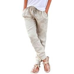 Shujin Damen Baumwolle 7/8 Länge Leichte Sommerhose Strandhose Weich Bequem Loose Einfarbig Freizeithose Jogginghose Mit Kordelzug,Beige,M von Shujin