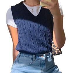 Shujin Damen Crop Pullunder Preppy Stil Y2K Strickweste V-Ausschnitt Kariert Zopfmuster Ärmelloser Strickpullover Vintage Casual Kurz Weste für Mädchen(Dunkelblau,L) von Shujin