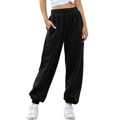 Shujin Damen Hosen Jogginghose Casual Sweathose Elastische Taille mit Taschen Locker Fit Baggy Einfarbige Sporthose Trainingshose Enger Beinabschluss A Schwarz-fleece L von Shujin