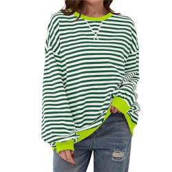 Shujin Damen Oversized Sweatshirt Gestreift Color Block Rundhals Langarmshirt Striped Long Sleeve dupes Lässig Lose Pullover Y2K Shirt Casual Oberteile Tops(Grün,L) von Shujin