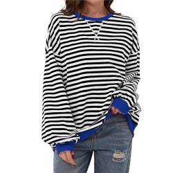 Shujin Damen Oversized Sweatshirt Gestreift Color Block Rundhals Langarmshirt Striped Long Sleeve dupes Lässig Lose Pullover Y2K Shirt Casual Oberteile Tops(Schwarz&Weiß,L) von Shujin