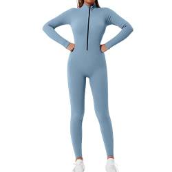 Shujin Damen Sport Jumpsuit mit Reißverschluss Workout Bodysuit V-Ausschnitt Playsuits Gerippte Strick Overall Langarm Bodycon Strampler,Blau,L von Shujin