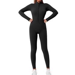 Shujin Damen Sport Jumpsuit mit Reißverschluss Workout Bodysuit V-Ausschnitt Playsuits Gerippte Strick Overall Langarm Bodycon Strampler,Schwarz,L von Shujin