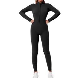 Shujin Damen Sport Jumpsuit mit Reißverschluss Workout Bodysuit V-Ausschnitt Playsuits Gerippte Strick Overall Langarm Bodycon Strampler,Schwarz,S von Shujin