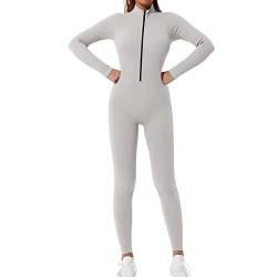 Shujin Damen Sport Jumpsuit mit Reißverschluss Workout Bodysuit V-Ausschnitt Playsuits Gerippte Strick Overall Langarm Bodycon Strampler,Silber,M von Shujin