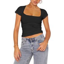 Shujin Damen T-Shirt Crop Top Y2K Slim Fit Oberteile Basic Kurzarm Stretch Eng Skim Dupes Cropped Tee Bauchfrei Tops Lässige Streetwear Vintage Aesthetic Outfit(Quadratischer Kragen:Schwarz,L) von Shujin