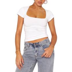 Shujin Damen T-Shirt Crop Top Y2K Slim Fit Oberteile Basic Kurzarm Stretch Eng Skim Dupes Cropped Tee Bauchfrei Tops Lässige Streetwear Vintage Aesthetic Outfit(Quadratischer Kragen:Weiß,M) von Shujin