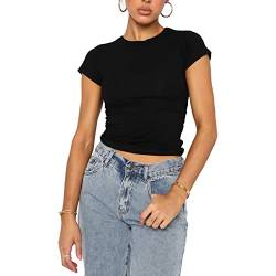 Shujin Damen T-Shirt Crop Top Y2K Slim Fit Oberteile Basic Kurzarm Stretch Eng Skim Dupes Rundhals Cropped Tee Tops Lässige Streetwear Vintage Aesthetic Outfit(Schwarz,M) von Shujin