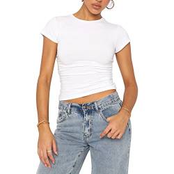 Shujin Damen T-Shirt Crop Top Y2K Slim Fit Oberteile Basic Kurzarm Stretch Eng Skim Dupes Rundhals Cropped Tee Tops Lässige Streetwear Vintage Aesthetic Outfit(Weiß,M) von Shujin