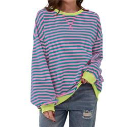 Shujin Gestreiftes Oversized Sweatshirt für Damen Striped Color Block Rundhals Long Sleeve Dupes Y2K Shirt Lässig Langarmshirt Lose Pullover Oberteile Tops(Grün Rosa,L) von Shujin